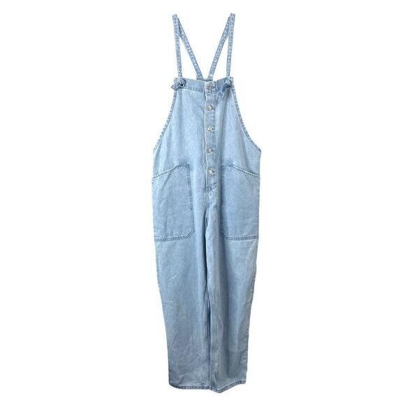 NEW Mango light‎ blue denim overalls w/ knot straps and deep pockets Size L boho - Picture 5 of 12